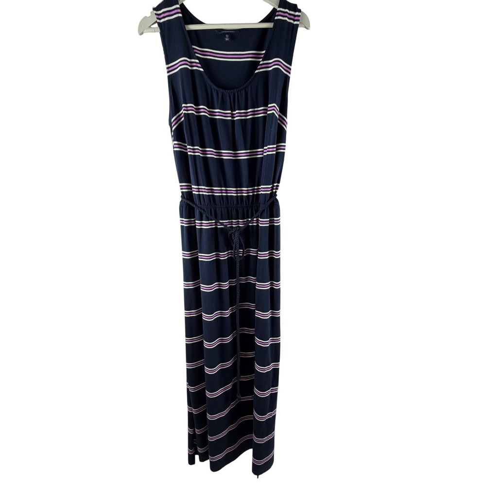 Lands End Navy Striped‎ Sleeveless Maxi Dress Sz 14W Drawstring Preppy Nautical